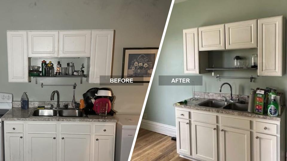 A kitchen renovation comparison showing before (left) and after (right) images in a cozy family home. The "after" image features a cleaner countertop with fewer items and a slightly different cabinet arrangement, showcasing the subtle yet impactful home restoration.
