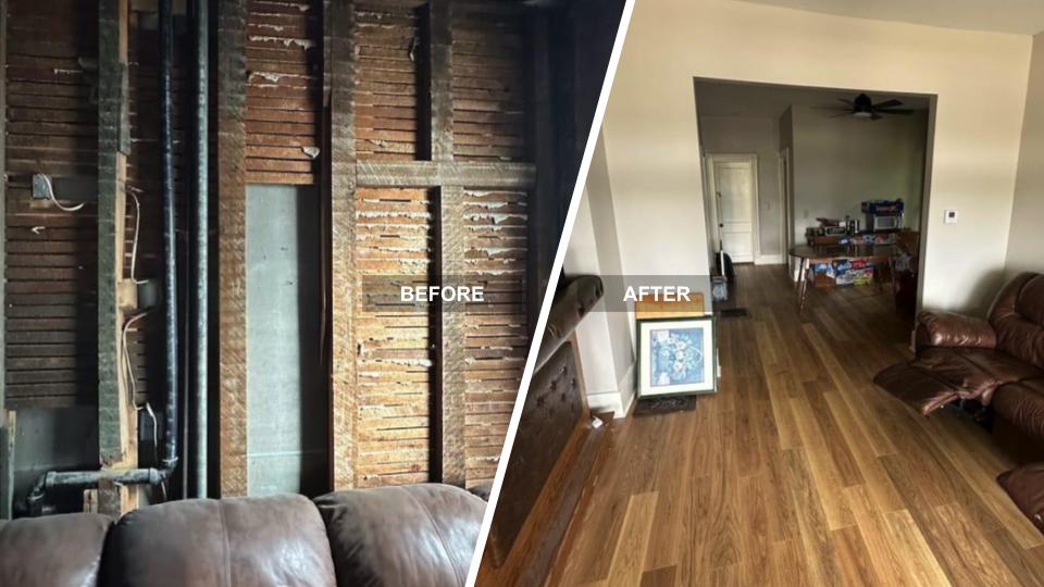 Side-by-side comparison of a family home living area before and after renovation. The left image shows exposed wall studs; the right image shows a finished living room with wooden flooring and furniture, showcasing the stunning results of mold restoration and design efforts.